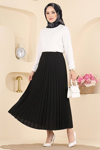 moda selvim Pilise Desenli Saten Etek 199NZRK1200 Siyah - Thumbnail