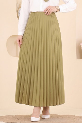 moda selvim Pilise Desenli Saten Etek 199NZRK1200 Yağ Yeşili - Thumbnail