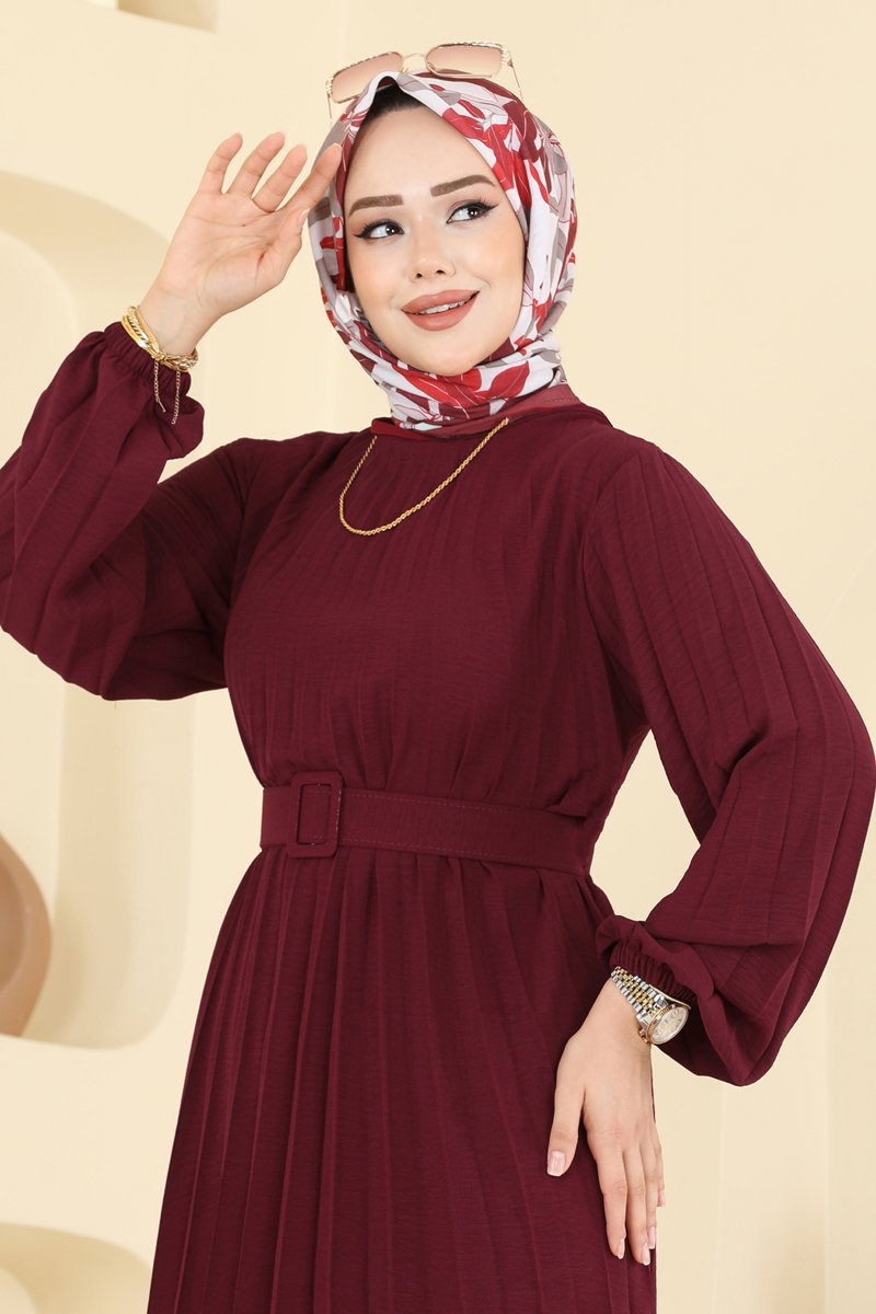 Pilise Detay Kemerli Elbise 2340MSZ1172 Bordo