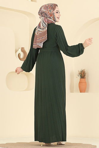 moda selvim Pilise Detay Kemerli Elbise 2340MSZ1172 Haki - Thumbnail