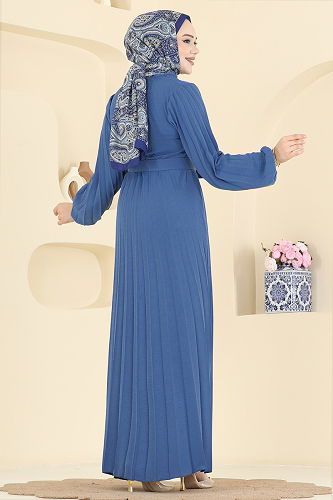 moda selvim Pilise Detay Kemerli Elbise 2340MSZ1172 İndigo - Thumbnail