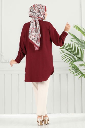 moda selvim Pilise Detay Keten Tunik 4033TEG847 Bordo - Thumbnail