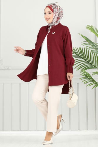 moda selvim Pilise Detay Keten Tunik 4033TEG847 Bordo - Thumbnail