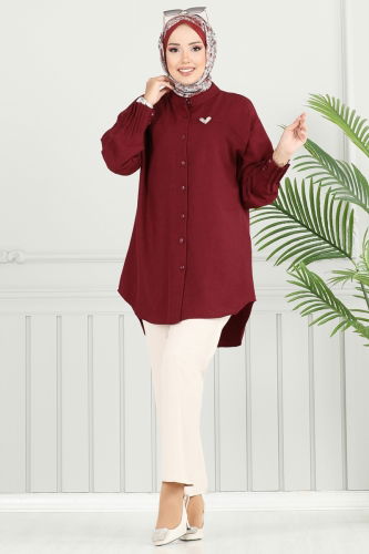moda selvim Pilise Detay Keten Tunik 4033TEG847 Bordo - Thumbnail