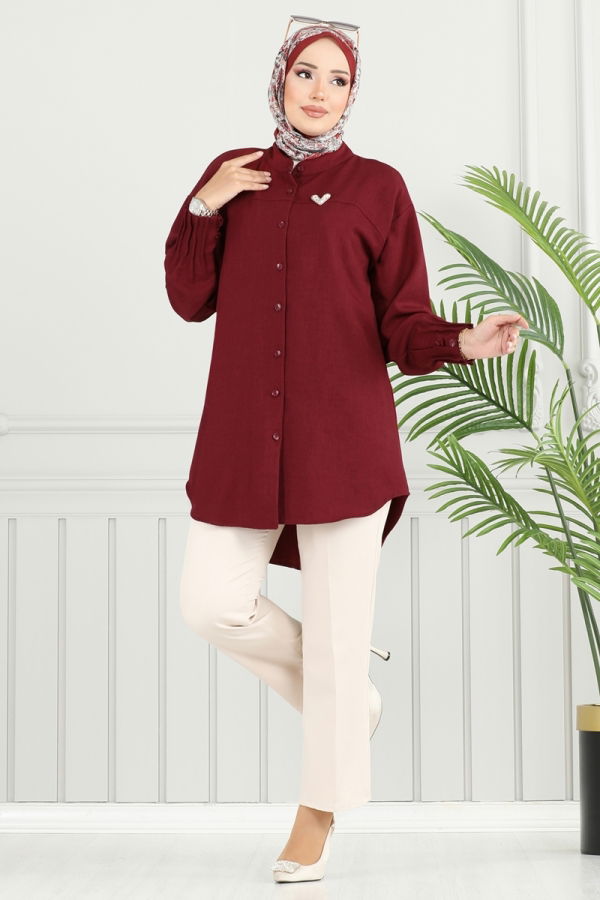 Modaselvim Tunik Pilise Detay Keten Tunik 4033TEG847 Bordo