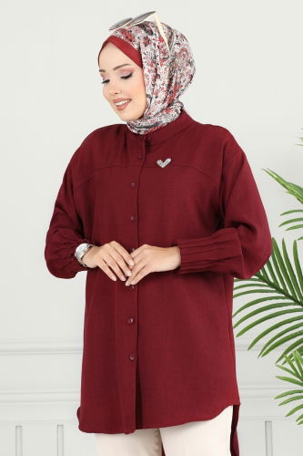 moda selvim Pilise Detay Keten Tunik 4033TEG847 Bordo - Thumbnail