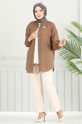 moda selvim Pilise Detay Keten Tunik 4033TEG847 Kahve - Thumbnail
