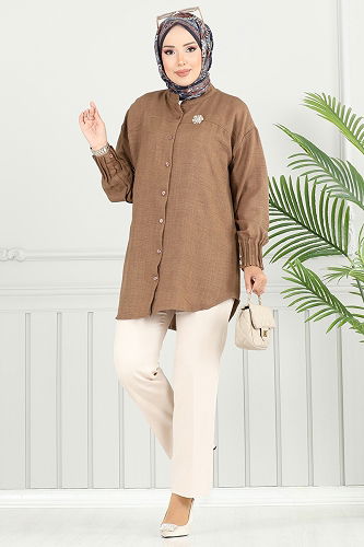 moda selvim Pilise Detay Keten Tunik 4033TEG847 Kahve - Thumbnail