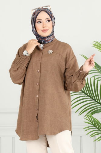 moda selvim Pilise Detay Keten Tunik 4033TEG847 Kahve - Thumbnail