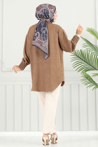 moda selvim Pilise Detay Keten Tunik 4033TEG847 Kahve - Thumbnail