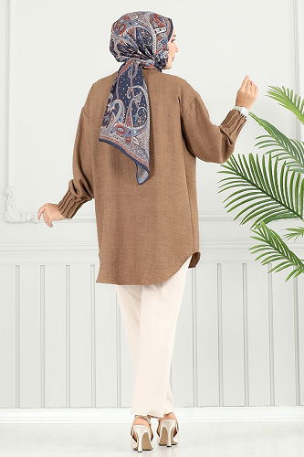 moda selvim Pilise Detay Keten Tunik 4033TEG847 Kahve - Thumbnail