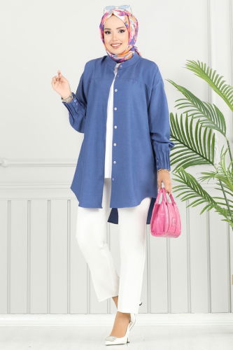 moda selvim Pilise Detay Keten Tunik 4033TEG847 Mavi - Thumbnail