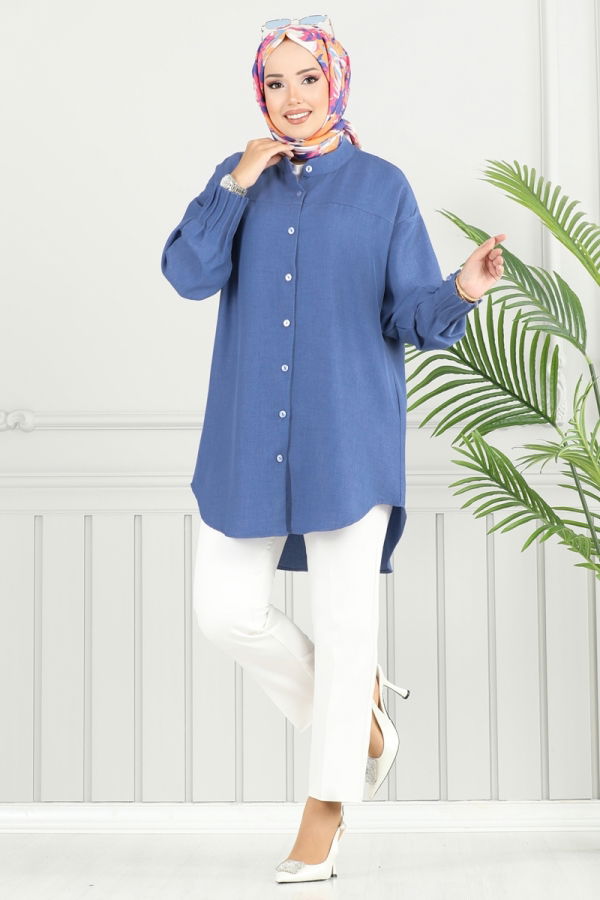 Modaselvim Tunik Pilise Detay Keten Tunik 4033TEG847 Mavi