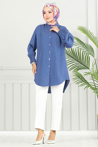 moda selvim Pilise Detay Keten Tunik 4033TEG847 Mavi - Thumbnail
