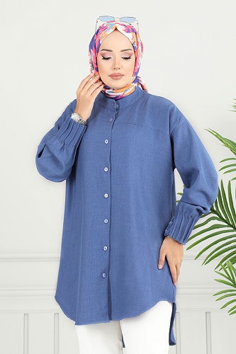 moda selvim Pilise Detay Keten Tunik 4033TEG847 Mavi - Thumbnail