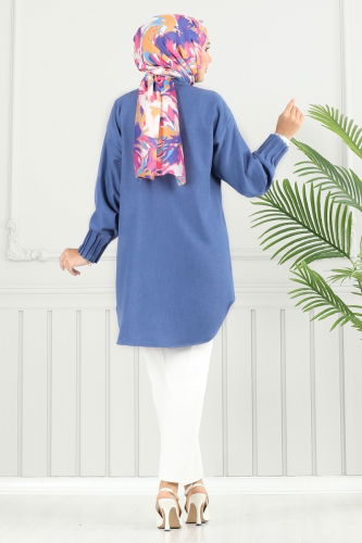 moda selvim Pilise Detay Keten Tunik 4033TEG847 Mavi - Thumbnail