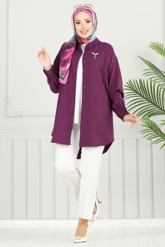 moda selvim Pilise Detay Keten Tunik 4033TEG847 Mor - Thumbnail