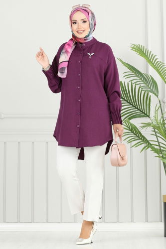 T.E.G. - Pilise Detay Keten Tunik 4033TEG847 Mor