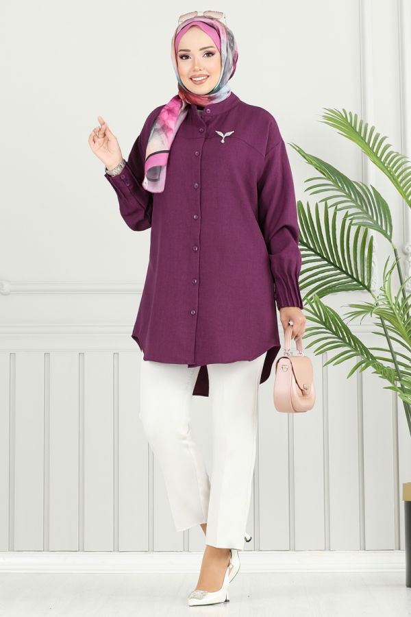 Modaselvim Tunik Pilise Detay Keten Tunik 4033TEG847 Mor