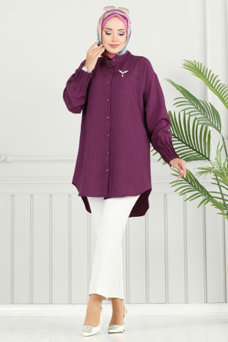 moda selvim Pilise Detay Keten Tunik 4033TEG847 Mor - Thumbnail