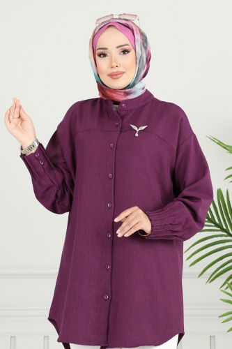 moda selvim Pilise Detay Keten Tunik 4033TEG847 Mor - Thumbnail