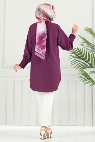 moda selvim Pilise Detay Keten Tunik 4033TEG847 Mor - Thumbnail