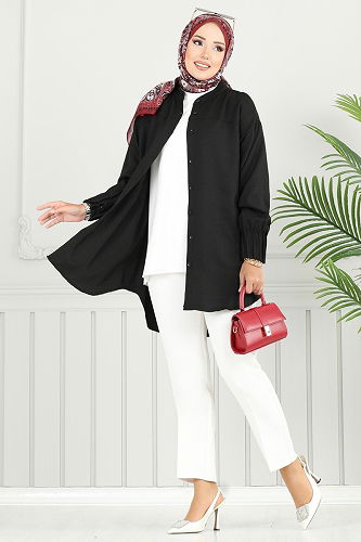 moda selvim Pilise Detay Keten Tunik 4033TEG847 Siyah - Thumbnail