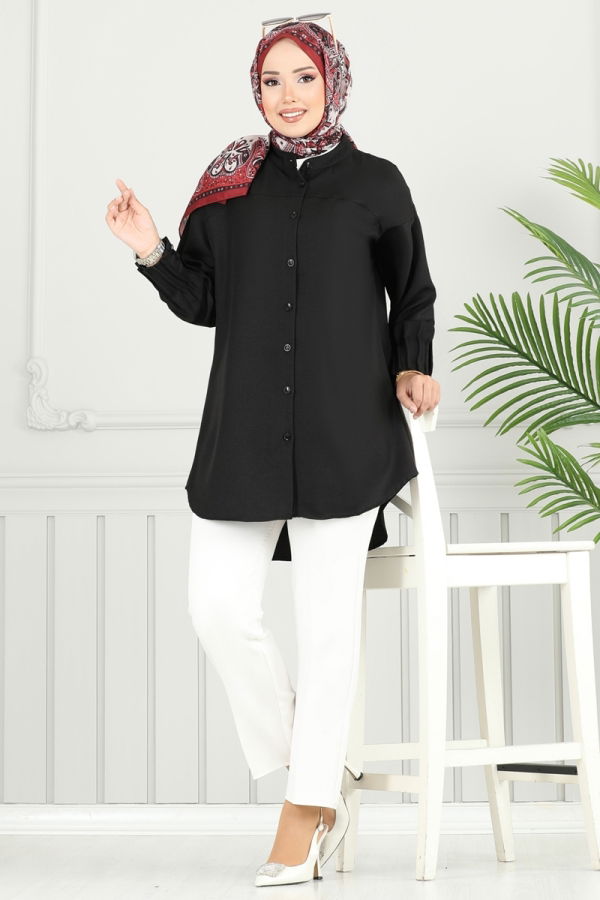 Modaselvim Tunik Pilise Detay Keten Tunik 4033TEG847 Siyah