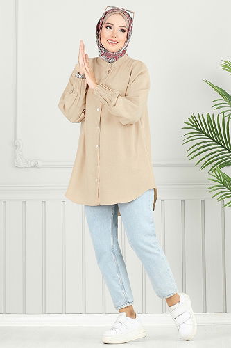 moda selvim Pilise Detay Keten Tunik 4033TEG847 Vizyon - Thumbnail