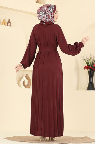 moda selvim Pilise Detay Kuşaklı Elbise 5733EDF311 Bordo - Thumbnail
