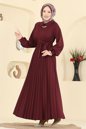 moda selvim Pilise Detay Kuşaklı Elbise 5733EDF311 Bordo - Thumbnail