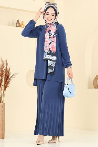 moda selvim Pilise Detay Tesettür Takım 5033AF553 İndigo - Thumbnail