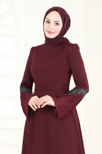 moda selvim Pilise Detaylı Abiye ASM2775 Bordo - Thumbnail