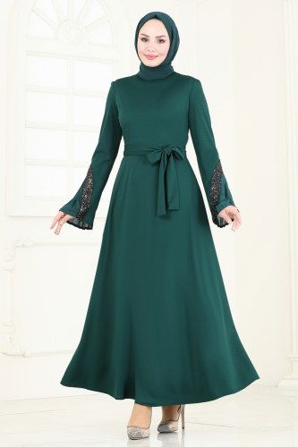 moda selvim Pilise Detaylı Abiye Elbise ASM2775 Zümrüt - Thumbnail