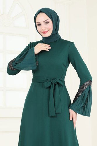 moda selvim Pilise Detaylı Abiye Elbise ASM2775 Zümrüt - Thumbnail
