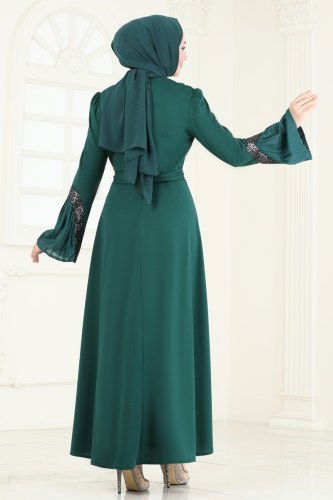 moda selvim Pilise Detaylı Abiye Elbise ASM2775 Zümrüt - Thumbnail