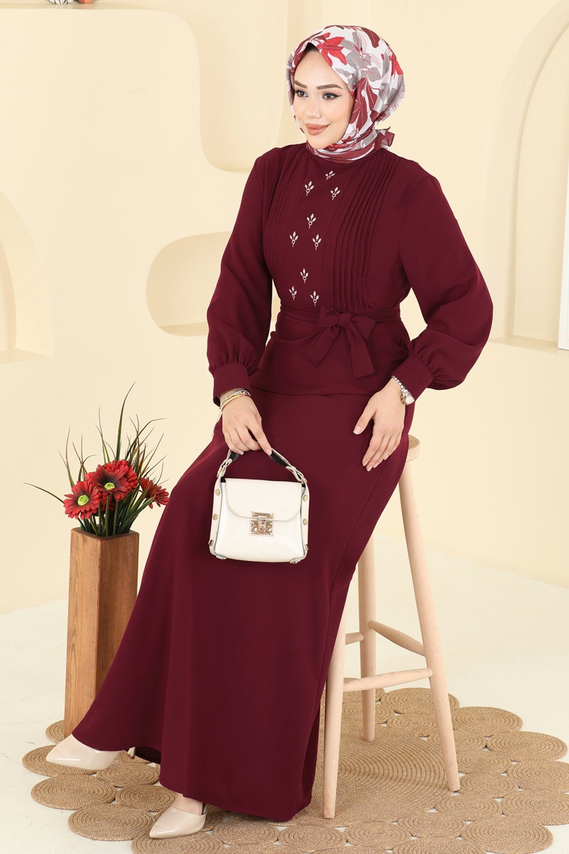 Pilise Detaylı İthal Krep Elbise 309ASN888 Bordo