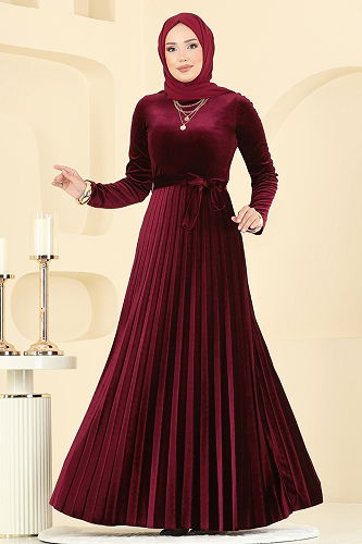 moda selvim Pilise Detaylı Kadife Elbise 2047MEY846 Bordo - Thumbnail