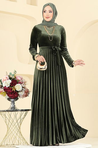 moda selvim Pilise Detaylı Kadife Elbise 2047MEY846 Haki - Thumbnail