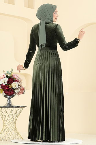 moda selvim Pilise Detaylı Kadife Elbise 2047MEY846 Haki - Thumbnail