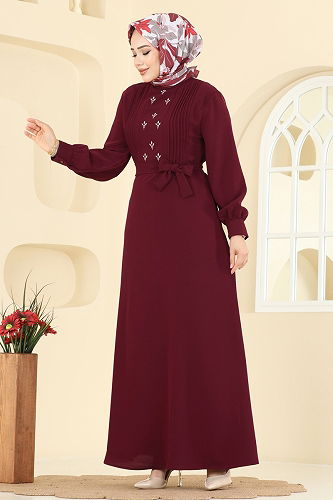 moda selvim Pilise Detaylı Krep Elbise 309ASN888 Bordo - Thumbnail