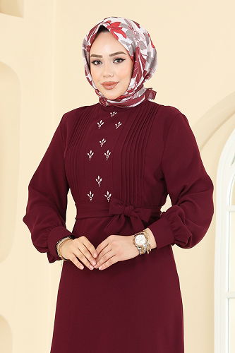 moda selvim Pilise Detaylı Krep Elbise 309ASN888 Bordo - Thumbnail