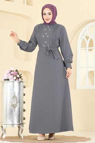 moda selvim Pilise Detaylı Krep Elbise 309ASN888 Gri - Thumbnail