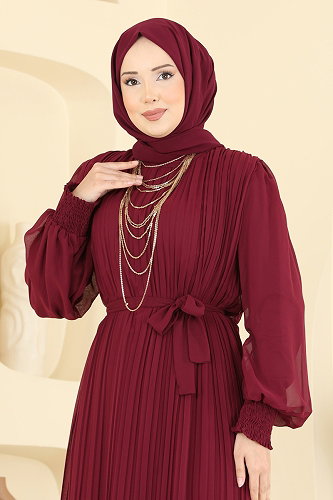 moda selvim Pilise Detaylı Şifon Abiye 5770EDF311 Bordo - Thumbnail