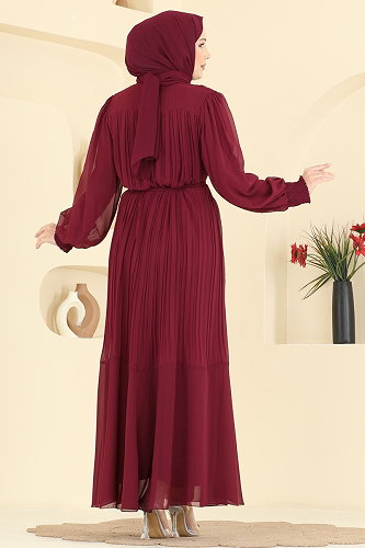 moda selvim Pilise Detaylı Şifon Abiye 5770EDF311 Bordo - Thumbnail