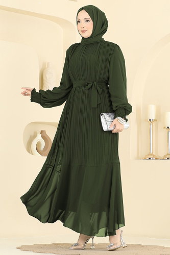 moda selvim Pilise Detaylı Şifon Abiye 5770EDF311 Haki - Thumbnail