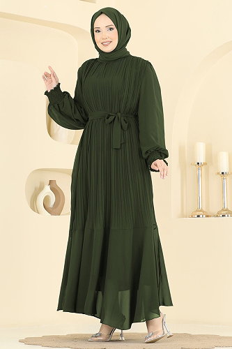 moda selvim Pilise Detaylı Şifon Abiye 5770EDF311 Haki - Thumbnail