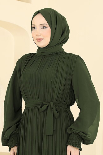 moda selvim Pilise Detaylı Şifon Abiye 5770EDF311 Haki - Thumbnail