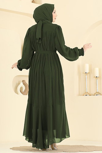 moda selvim Pilise Detaylı Şifon Abiye 5770EDF311 Haki - Thumbnail