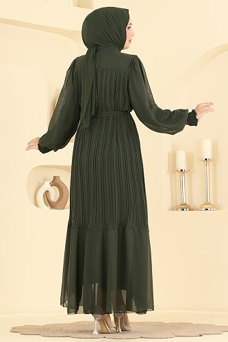 moda selvim Pilise Detaylı Şifon Abiye 5770EDF311 Haki - Thumbnail